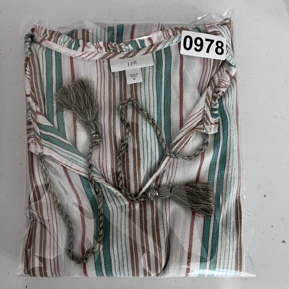 J Jill Womens M Tiered Tunic Top Tassels Sleeveless Striped Ruffled Boho Blouse - Picture 13 of 13